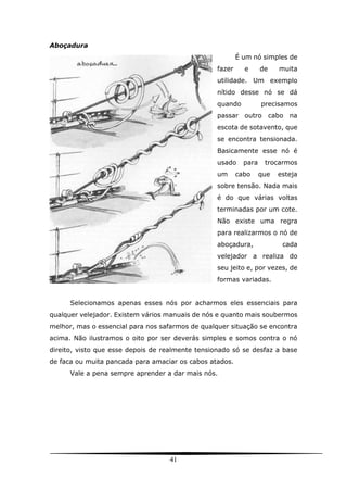 41
Aboçadura
É um nó simples de
fazer e de muita
utilidade. Um exemplo
nítido desse nó se dá
quando precisamos
passar outro cabo na
escota de sotavento, que
se encontra tensionada.
Basicamente esse nó é
usado para trocarmos
um cabo que esteja
sobre tensão. Nada mais
é do que várias voltas
terminadas por um cote.
Não existe uma regra
para realizarmos o nó de
aboçadura, cada
velejador a realiza do
seu jeito e, por vezes, de
formas variadas.
Selecionamos apenas esses nós por acharmos eles essenciais para
qualquer velejador. Existem vários manuais de nós e quanto mais soubermos
melhor, mas o essencial para nos safarmos de qualquer situação se encontra
acima. Não ilustramos o oito por ser deverás simples e somos contra o nó
direito, visto que esse depois de realmente tensionado só se desfaz a base
de faca ou muita pancada para amaciar os cabos atados.
Vale a pena sempre aprender a dar mais nós.
 