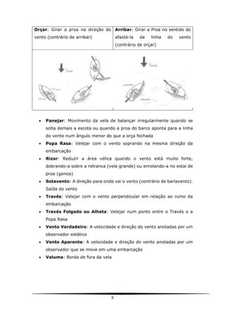 8
Orçar: Girar a proa na direção do
vento (contrário de arribar)
Arribar: Girar a Proa no sentido de
afastá-la da linha do vento
(contrário de orçar)
 Panejar: Movimento da vela de balançar irregularmente quando se
solta demais a escota ou quando a proa do barco aponta para a linha
do vento num ângulo menor do que a orça fechada
 Popa Rasa: Velejar com o vento soprando na mesma direção da
embarcação
 Rizar: Reduzir a área vélica quando o vento está muito forte,
dobrando-a sobre a retranca (vela grande) ou enrolando-a no estai de
proa (genoa)
 Sotavento: A direção para onde vai o vento (contrário de barlavento).
Saída do vento
 Través: Velejar com o vento perpendicular em relação ao rumo da
embarcação
 Través Folgado ou Alheta: Velejar num ponto entre o Través e a
Popa Rasa
 Vento Verdadeiro: A velocidade e direção do vento anotadas por um
observador estático
 Vento Aparente: A velocidade e direção do vento anotadas por um
observador que se move em uma embarcação
 Valuma: Borda de fora da vela
 