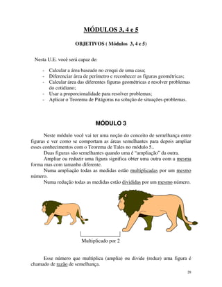 MÓDULOS 3, 4 e 5
OBJETIVOS ( Módulos 3, 4 e 5)
Nesta U.E. você será capaz de:
- Calcular a área baseado no croqui de uma casa;
- Diferenciar área de perímetro e reconhecer as figuras geométricas;
- Calcular área das diferentes figuras geométricas e resolver problemas
do cotidiano;
- Usar a proporcionalidade para resolver problemas;
- Aplicar o Teorema de Pitágoras na solução de situações-problemas.

MÓDULO 3
Neste módulo você vai ter uma noção do conceito de semelhança entre
figuras e ver como se comportam as áreas semelhantes para depois ampliar
esses conhecimentos com o Teorema de Tales no módulo 5..
Duas figuras são semelhantes quando uma é “ampliação” da outra.
Ampliar ou reduzir uma figura significa obter uma outra com a mesma
forma mas com tamanho diferente.
Numa ampliação todas as medidas estão multiplicadas por um mesmo
número.
Numa redução todas as medidas estão divididas por um mesmo número.

Multiplicado por 2
Esse número que multiplica (amplia) ou divide (reduz) uma figura é
chamado de razão de semelhança.
28

 