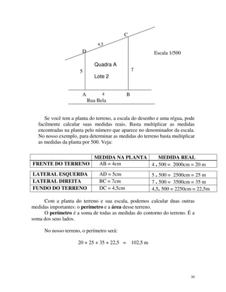 C
4,5

D

Escala 1/500
Quadra A

5

7

Lote 2

A

4

B

Rua Bela
Se você tem a planta do terreno, a escala do desenho e uma régua, pode
facilmente calcular suas medidas reais. Basta multiplicar as medidas
encontradas na planta pelo número que aparece no denominador da escala.
No nosso exemplo, para determinar as medidas do terreno basta multiplicar
as medidas da planta por 500. Veja:
MEDIDA NA PLANTA
MEDIDA REAL
AB = 4cm
FRENTE DO TERRENO
4 . 500 = 2000cm = 20 m
LATERAL ESQUERDA
LATERAL DIREITA
FUNDO DO TERRENO

AD = 5cm
BC = 7cm
DC = 4,5cm

5 . 500 = 2500cm = 25 m
7 . 500 = 3500cm = 35 m
4,5. 500 = 2250cm = 22,5m

Com a planta do terreno e sua escala, podemos calcular duas outras
medidas importantes: o perímetro e a área desse terreno.
O perímetro é a soma de todas as medidas do contorno do terreno. É a
soma dos seus lados.
No nosso terreno, o perímetro será:
20 + 25 + 35 + 22,5 = 102,5 m

30

 