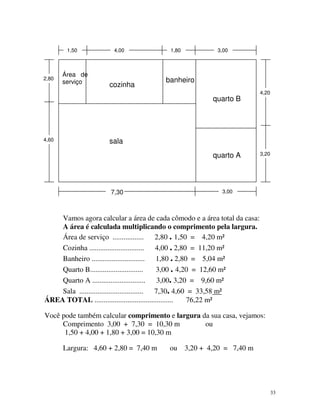 1,50

2,80

Área de
serviço

4,00

cozinha

1,80

3,00

banheiro
quarto B

4,60

4,20

sala
quarto A

7,30

3,20

3,00

Vamos agora calcular a área de cada cômodo e a área total da casa:
A área é calculada multiplicando o comprimento pela largura.
Área de serviço ................. 2,80 . 1,50 = 4,20 m²
Cozinha .............................. 4,00 . 2,80 = 11,20 m²
Banheiro ............................. 1,80 . 2,80 = 5,04 m²
Quarto B.............................
3,00 . 4,20 = 12,60 m²
Quarto A ............................. 3,00. 3,20 = 9,60 m²
Sala ................................... 7,30. 4,60 = 33,58 m²
ÁREA TOTAL ...........................................
76,22 m²
Você pode também calcular comprimento e largura da sua casa, vejamos:
Comprimento 3,00 + 7,30 = 10,30 m
ou
1,50 + 4,00 + 1,80 + 3,00 = 10,30 m
Largura: 4,60 + 2,80 = 7,40 m

ou 3,20 + 4,20 = 7,40 m

33

 