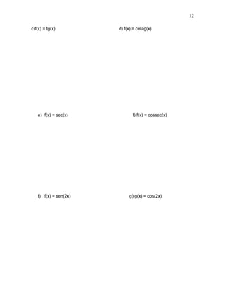 12

c)f(x) = tg(x)         d) f(x) = cotag(x)




   e) f(x) = sec(x)           f) f(x) = cossec(x)




   f) f(x) = sen(2x)        g) g(x) = cos(2x)
 