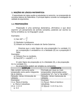 2



1. NOÇÕES DE LÓGICA MATEMÁTICA
 O aprendizado da Lógica auxilia os estudantes no raciocínio, na compreensão de
conceitos básicos da matemática. O principal objetivo consiste na investigação da
validade de argumentos.


1.1 PROPOSIÇÕES

      Proposição é uma sentença declarativa, afirmativa e que deve
exprimir um pensamento de sentido completo, podendo ser escrita na
forma simbólica ou na linguagem usual.

Exemplos:
                   3
   1) Sen 60° =
                  2
   2) Marleide é professora.
   3) Orleans se localiza no estado de Santa Catarina.

        Dizemos que o valor lógico de uma proposição é a verdade (1)
     se a proposição é verdadeira e é a falsidade (0) se a proposição é
     falsa.
Exemplos:
  a) Orleans fica no nordeste.
  b) Sen(30°) + cos(60°) = 1

       O valor lógico da proposição a) é a falsidade (0), e da proposição
b) é a verdade (1).
       As proposições podem ser simples ou compostas.
              SIMPLES                              COMPOSTA
Não contém nenhuma outra              Formada por duas ou mais
proposição como parte integrante      proposições relacionadas pelos
de si mesma.                          conectivos “e”, “ou” e “se então” .
Notação: letras minúsculas do         Notação: letras maiúsculas do
alfabeto                              alfabeto
Exemplos:                             Exemplo:
1) p: Maria é bonita.                 1) P(p,q): Maria é bonita e
   q: Maria é estudiosa.              estudiosa.
2) p: 1+2=3                           2) Q(p,q): 1+2=3 ou 21.
    q: 21
 