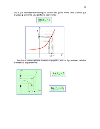 22

Isto é, que os limites laterais de g no ponto b são iguais. Neste caso, dizemos que
a função g tem limite L no ponto b e escrevemos :

                            lim g( x )  L
                            x b




   Seja f uma função definida nos reais cujo gráfico está na figura abaixo, definida
à direita e a esquerda de b.


       Y

                                               lim f ( x )  L1
                                              x b 

       L1



       L2

                                             lim f ( x )  L2
                              X              xb
                    b
 