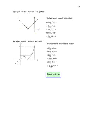 26

3) Seja a função f definida pelo gráfico:


                                            Intuitivamente encontre se existir:

                                            a ) lim f ( x) 
                                               x  2

                                            b) lim f ( x) 
                                              x  2

                                            c) lim f ( x) 
                                              x  2

                                            d ) lim f ( x) 
                                               x  

                                            e) lim f ( x) 
                                              x  


4) Seja a função f definida pelo gráfico:
                                             Intuitivamente encontre se existir:

                                             a ) lim f ( x) 
                                                 x 0

                                             b) lim f ( x) 
                                                 x 0

                                             c) lim f ( x) 
                                                 x 0

                                             d ) lim f ( x) 
                                                 x2

                                             e) lim f ( x) 
                                                 x2

                                              f )lim f ( x) 
                                                   x2




                                              lim f ( x)  L
                                              x a
 
