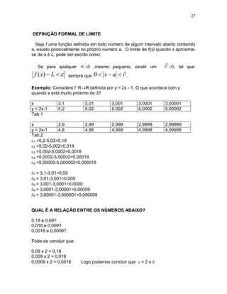 27



DEFINIÇÃO FORMAL DE LIMITE

  Seja f uma função definida em todo número de algum intervalo aberto contendo
a, exceto possivelmente no próprio número a. O limite de f(x) quando x aproxima-
se de a é L, pode ser escrito como:

   Se para qualquer      0    ,mesmo pequeno, existir um       0,   tal que:
 f ( x)  L      sempre que    0 xa .

Exemplo: Considere f: RR definida por y = 2x - 1. O que acontece com y
quando x está muito próximo de 3?

x            3,1          3,01         3,001        3,0001       3,00001
y = 2x-1     5,2          5,02         5,002        5,0002       5,00002
Tab.1

x            2,9        2,99           2,999        2,9999       2,99999
y = 2x-1     4,8        4,98           4,998        4,9998       4,99998
Tab.2
1 =5,2-5,02=0,18
2 =5,02-5,002=0,018
3 =5,002-5,0002=0,0018
4 =5,0002-5,00002=0,00018
5 =5,00002-5,000002=0,000018

1 = 3,1-3,01=0,09
2 = 3,01-3,001=0,009
3 = 3,001-3,0001=0,0009
4 = 3,0001-3,00001=0,00009
5 = 3,00001-3,000001=0,000009


QUAL É A RELAÇÃO ENTRE OS NÚMEROS ABAIXO?

0,18 e 0,09?
0,018 e 0,009?
0,0018 e 0,0009?

Pode-se concluir que:

0,09 x 2 = 0,18
0,009 x 2 = 0,018
0,0009 x 2 = 0,0018     Logo podemos concluir que  = 2 x 
 