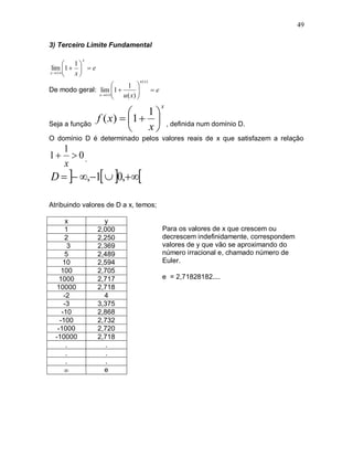 49

3) Terceiro Limite Fundamental

            x
      1
lim 1    e
x 
       x
                                 u ( x)
                       1 
De modo geral: lim 1                   e
               x         
                     u ( x) 
                                               x
                           1
                 f ( x)  1  
Seja a função
                             x                   , definida num domínio D.

O domínio D é determinado pelos valores reais de x que satisfazem a relação
     1
1      0.
     x
D   ,1  0,

Atribuindo valores de D a x, temos;

       x           y
      1          2,000                         Para os valores de x que crescem ou
      2          2,250                         decrescem indefinidamente, correspondem
        3        2,369                         valores de y que vão se aproximando do
      5          2,489                         número irracional e, chamado número de
     10          2,594                         Euler.
     100         2,705
    1000         2,717                         e = 2,71828182....
   10000         2,718
      -2           4
      -3         3,375
     -10         2,868
    -100         2,732
   -1000         2,720
  -10000         2,718
       .            .
       .            .
       .            .
                  e
 