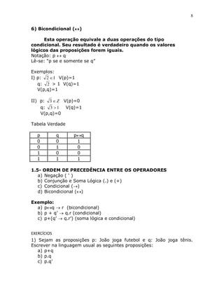 8


6) Bicondicional ()

     Esta operação equivale a duas operações do tipo
condicional. Seu resultado é verdadeiro quando os valores
lógicos das proposições forem iguais.
Notação: p  q
Lê-se: “p se e somente se q”

Exemplos:
I) p: 2   V(p)=1
   q: 2 > 1 V(q)=1
   V(p,q)=1

II) p: 3  Z V(p)=0
    q: 3  1  V(q)=1
    V(p,q)=0

Tabela Verdade

  p          q    pq
  0          0     1
  0          1     0
  1          0     0
  1          1     1

1.5- ORDEM DE PRECEDÊNCIA ENTRE OS OPERADORES
   a) Negação ( „ )
   b) Conjunção e Soma Lógica (.) e (+)
   c) Condicional ()
   d) Bicondicional ()

Exemplo:
  a) pq  r (bicondicional)
  b) p + q‟  q.r (condicional)
  c) p+(q‟  q.r‟) (soma lógica e condicional)


EXERCÍCIOS
1) Sejam as proposições p: João joga futebol e q: João joga tênis.
Escrever na linguagem usual as seguintes proposições:
   a) p+q
   b) p.q
   c) p.q‟
 