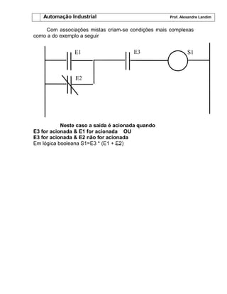 Automação Industrial Prof. Alexandre Landim
Com associações mistas criam-se condições mais complexas
como a do exemplo a seguir
Neste caso a saída é acionada quando
E3 for acionada & E1 for acionada OU
E3 for acionada & E2 não for acionada
Em lógica booleana S1=E3 * (E1 + E2)
E1
E2
E3 S1
 