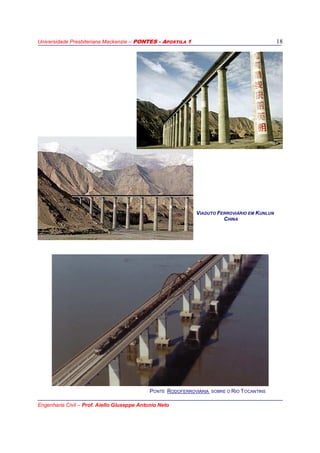 Universidade Presbiteriana Mackenzie – PONTES - APOSTILA 1
Engenharia Civil – Prof. Aiello Giuseppe Antonio Neto
18
VIADUTO FERROVIÁRIO EM KUNLUN
CHINA
PONTE RODOFERROVIÁRIA SOBRE O RIO TOCANTINS
 