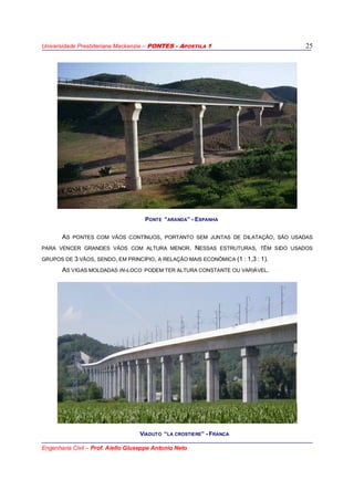 Universidade Presbiteriana Mackenzie – PONTES - APOSTILA 1
Engenharia Civil – Prof. Aiello Giuseppe Antonio Neto
25
AS PONTES COM VÃOS CONTÍNUOS, PORTANTO SEM JUNTAS DE DILATAÇÃO, SÃO USADAS
PARA VENCER GRANDES VÃOS COM ALTURA MENOR. NESSAS ESTRUTURAS, TÊM SIDO USADOS
GRUPOS DE 3 VÃOS, SENDO, EM PRINCÍPIO, A RELAÇÃO MAIS ECONÔMICA (1 : 1,3 : 1).
AS VIGAS MOLDADAS IN-LOCO PODEM TER ALTURA CONSTANTE OU VARIÁVEL.
PONTE “ARANDA” - ESPANHA
VIADUTO “LA CROSTIERE” - FRANÇA
 