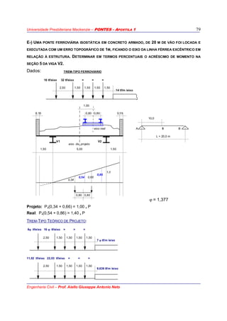 Universidade Presbiteriana Mackenzie – PONTES - APOSTILA 1
Engenharia Civil – Prof. Aiello Giuseppe Antonio Neto
79
E-) UMA PONTE FERROVIÁRIA ISOSTÁTICA EM CONCRETO ARMADO, DE 20 M DE VÃO FOI LOCADA E
EXECUTADA COM UM ERRO TOPOGRÁFICO DE 1M, FICANDO O EIXO DA LINHA FÉRREA EXCÊNTRICO EM
RELAÇÃO À ESTRUTURA. DETERMINAR EM TERMOS PERCENTUAIS O ACRÉSCIMO DE MOMENTO NA
SEÇÃO 5 DA VIGA V2.
Dados: TREM-TIPO FERROVIÁRIO
16 tf/eixo 32 tf/eixo = = =
2,50 1,50 1,50 1,50 1,50
14 tf/m /eixo
1,00
0,15 0,80 0,80 0,15
10,0
eixo real A 5 B
L = 20,0 m
V1
eixo de projeto
V2
1,50 5,00 1,50
0,86
1,0
0,34
0,54 0,66
0,80 0,80
ϕ = 1,377
Projeto: Px(0,34 + 0,66) = 1,00 x P
Real: Px(0,54 + 0,86) = 1,40 x P
TREM-TIPO TEÓRICO DE PROJETO:
8ϕ tf/eixo 16 ϕ tf/eixo = = =
2,50 1,50 1,50 1,50 1,50
7 ϕ tf/m /eixo
11,02 tf/eixo 22,03 tf/eixo = = =
2,50 1,50 1,50 1,50 1,50
9,639 tf/m /eixo
 