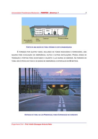 Universidade Presbiteriana Mackenzie – PONTES - APOSTILA 1
Engenharia Civil – Prof. Aiello Giuseppe Antonio Neto
8
CORTE DE UMA SEÇÃO DO TÚNEL PRÓXIMO À COSTA DINAMARQUESA
É FORMADO POR QUATRO TUBOS, INCLUINDO OS TÚNEIS RODOVIÁRIO E FERROVIÁRIO, UMA
GALERIA PARA EVACUAÇÃO DE EMERGÊNCIA, DUTOS E OUTRAS INSTALAÇÕES. POSSUI ZONAS DE
TRANSIÇÃO E PORTAIS PARA ACOSTUMAR O VIAJANTE À LUZ DIURNA AO EMERGIR. AS PAREDES DO
TÚNEL SÃO À PROVA DE FOGO E HÁ SAÍDAS DE EMERGÊNCIA A INTERVALOS DE 88 METROS.
ENTRADA DO TÚNEL NA ILHA PEBERHOLM, TENDO COPENHAGUE NO HORIZONTE
 