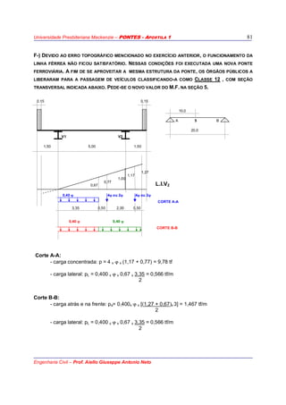 Universidade Presbiteriana Mackenzie – PONTES - APOSTILA 1
Engenharia Civil – Prof. Aiello Giuseppe Antonio Neto
81
F-) DEVIDO AO ERRO TOPOGRÁFICO MENCIONADO NO EXERCÍCIO ANTERIOR, O FUNCIONAMENTO DA
LINHA FÉRREA NÃO FICOU SATISFATÓRIO. NESSAS CONDIÇÕES FOI EXECUTADA UMA NOVA PONTE
FERROVIÁRIA. A FIM DE SE APROVEITAR A MESMA ESTRUTURA DA PONTE, OS ÓRGÃOS PÚBLICOS A
LIBERARAM PARA A PASSAGEM DE VEÍCULOS CLASSIFICANDO-A COMO CLASSE 12 , COM SEÇÃO
TRANSVERSAL INDICADA ABAIXO. PEDE-SE O NOVO VALOR DO M.F. NA SEÇÃO 5.
0,15 0,15
10,0
A 5 B
20,0
V1 V2
1,50 5,00 1,50
1,27
1,00
1,17
0,67
0,77
L.I.V2
0,40 ϕ 4ϕ ou 2ϕ 4ϕ ou 2ϕ
CORTE A-A
3,35 0,50 2,00 0,50
0,40 ϕ 0,40 ϕ
CORTE B-B
Corte A-A:
- carga concentrada: p = 4 x ϕ x (1,17 + 0,77) = 9,78 tf
- carga lateral: pL = 0,400 x ϕ x 0,67 x 3,35 = 0,566 tf/m
2
Corte B-B:
- carga atrás e na frente: pa= 0,400x ϕ x [(1,27 + 0,67)x 3] = 1,467 tf/m
2
- carga lateral: pL = 0,400 x ϕ x 0,67 x 3,35 = 0,566 tf/m
2
 