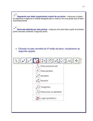 15 
Segmento com dado comprimento a partir de um ponto – marca-se a origem 
do segmento e digita-se a medida desejada para o mesmo, em uma janela que se abre 
automaticamente. 
Semi-reta definida por dois pontos – traça-se uma semi-reta a partir do primeiro 
ponto marcado contendo o segundo ponto. 
• Clicando na seta vermelha do 4º botão da barra, visualizamos as 
seguintes opções: 
 