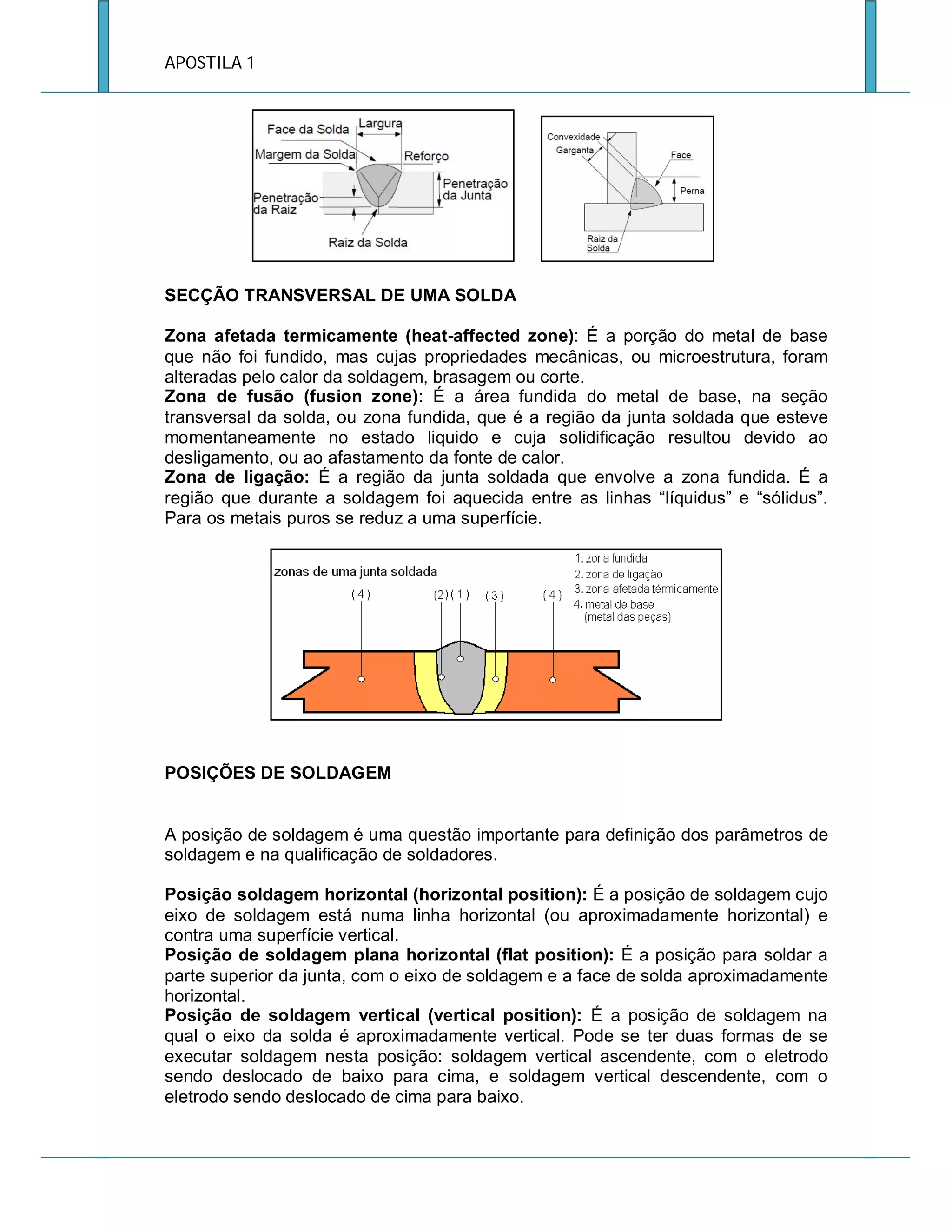APOSTILA 1

SECÇÃO TRANSVERSAL DE UMA SOLDA
Zona afetada termicamente (heat-affected zone): É a porção do metal de base
que não foi fundido, mas cujas propriedades mecânicas, ou microestrutura, foram
alteradas pelo calor da soldagem, brasagem ou corte.
Zona de fusão (fusion zone): É a área fundida do metal de base, na seção
transversal da solda, ou zona fundida, que é a região da junta soldada que esteve
momentaneamente no estado liquido e cuja solidificação resultou devido ao
desligamento, ou ao afastamento da fonte de calor.
Zona de ligação: É a região da junta soldada que envolve a zona fundida. É a
região que durante a soldagem foi aquecida entre as linhas “líquidus” e “sólidus”.
Para os metais puros se reduz a uma superfície.

POSIÇÕES DE SOLDAGEM

A posição de soldagem é uma questão importante para definição dos parâmetros de
soldagem e na qualificação de soldadores.
Posição soldagem horizontal (horizontal position): É a posição de soldagem cujo
eixo de soldagem está numa linha horizontal (ou aproximadamente horizontal) e
contra uma superfície vertical.
Posição de soldagem plana horizontal (flat position): É a posição para soldar a
parte superior da junta, com o eixo de soldagem e a face de solda aproximadamente
horizontal.
Posição de soldagem vertical (vertical position): É a posição de soldagem na
qual o eixo da solda é aproximadamente vertical. Pode se ter duas formas de se
executar soldagem nesta posição: soldagem vertical ascendente, com o eletrodo
sendo deslocado de baixo para cima, e soldagem vertical descendente, com o
eletrodo sendo deslocado de cima para baixo.

 
