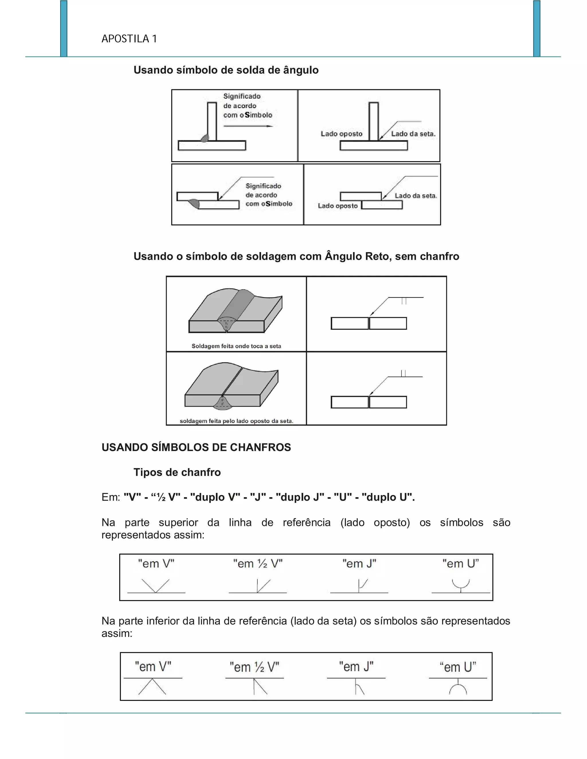 APOSTILA 1
Usando símbolo de solda de ângulo

Usando o símbolo de soldagem com Ângulo Reto, sem chanfro

USANDO SÍMBOLOS DE CHANFROS
Tipos de chanfro
Em: "V" - “½ V" - "duplo V" - "J" - "duplo J" - "U" - "duplo U".
Na parte superior da linha de referência (lado oposto) os símbolos são
representados assim:

Na parte inferior da linha de referência (lado da seta) os símbolos são representados
assim:

 