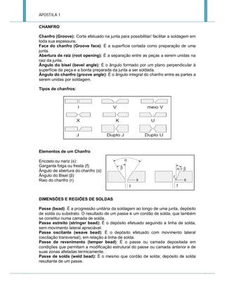 APOSTILA 1
CHANFRO
Chanfro (Groove): Corte efetuado na junta para possibilitar/ facilitar a soldagem em
toda sua espessura.
Face do chanfro (Groove face): É a superfície cortada como preparação de uma
junta.
Abertura de raiz (root opening): É a separação entre as peças a serem unidas na
raiz da junta.
Ângulo do bisel (bevel angle): É o ângulo formado por um plano perpendicular à
superfície da peça e a borda preparada da junta a ser soldada.
Ângulo do chanfro (groove angle): É o ângulo integral do chanfro entre as partes a
serem unidas por soldagem.
Tipos de chanfros:

Elementos de um Chanfro
Encosto ou nariz (s):
Garganta folga ou fresta (f):
Ângulo de abertura do chanfro (α)
Ângulo do Bisel (β)
Raio do chanfro (r)

DIMENSÕES E REGIÕES DE SOLDAS
Passe (bead): É a progressão unitária da soldagem ao longo de uma junta, depósito
de solda ou substrato. O resultado de um passe é um cordão de solda, que também
se constitui numa camada de solda.
Passe estreito (stringer bead): É o depósito efetuado seguindo a linha de solda,
sem movimento lateral apreciável.
Passe oscilante (weave bead): É o depósito efetuado com movimento lateral
(oscilação transversal), em relação à linha de solda.
Passe de revenimento (temper bead): É o passe ou camada depositada em
condições que permitam a modificação estrutural do passe ou camada anterior e de
suas zonas afetadas termicamente.
Passe de solda (weld bead): É o mesmo que cordão de solda; depósito de solda
resultante de um passe.

 