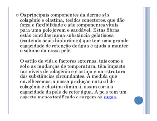  Os principais componentes da derme são
colagénio e elastina, tecidos conectores, que dão
força e flexibilidade e são componentes vitais
para uma pele jovem e saudável. Estas fibras
estão contidas numa substância gelatinosa
(contendo ácido hialurónico) que tem uma grande
capacidade de retenção de água e ajuda a manter
o volume da nossa pele.
O estilo de vida e factores externos, tais como o
O estilo de vida e factores externos, tais como o
sol e as mudanças de temperatura, têm impacto
nos níveis de colagénio e elastina e na estrutura
das substâncias circundantes. À medida que
envelhecemos, a nossa produção natural de
colagénio e elastina diminui, assim como a
capacidade da pele de reter água. A pele tem um
aspecto menos tonificado e surgem as rugas.
 