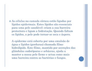  As células na camada córnea estão ligadas por
lípidos epidermais. Estes lípidos são essenciais
para uma pele saudável: criam a sua barreira
protectora e ligam a hidratação. Quando faltam
os lípidos, a pele pode tornar-se seca e áspera.
os lípidos, a pele pode tornar-se seca e áspera.
A epiderme está coberta por uma emulsão de
água e lípidos (gorduras) chamada filme
hidrolípido. Este filme, mantido por secreções das
glândulas sudoríparas e sebáceas, ajuda a
manter a nossa pele firme e actua como mais
uma barreira contra as bactérias e fungos.
 