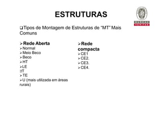 Tipos de Montagem de Estruturas de “MT” Mais
Comuns
Rede Aberta
Normal
Meio Beco
Beco
HT
LE
T
TE
U (mais utilizada em áreas
rurais)
Rede
compacta
CE1
CE2.
CE3.
CE4.
ESTRUTURAS
 