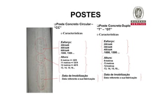 POSTES
Poste Concreto Circular–
“CC”
o Características
 Esforço:
 200daN
 400daN
 600daN
 1000, 1500...
 Altura:
 9 metros => 30ft
 11 metros => 35 ft
 12 metros => 40 ft
 13, 14, 15,18...
 Data de Imobilização
 Data referente a sua fabricação
Poste Concreto Duplo
“T” – “DT”
o Características
 Esforço:
 200daN
 300daN
 400daN
 1000, 1500 ...
 Altura:
 9metros
 11metros
 12metros
 13, 14, 15,18...
 Data de Imobilização
 Data referente a sua fabricação
 