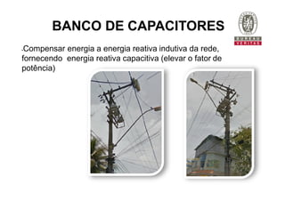 BANCO DE CAPACITORES
Compensar energia a energia reativa indutiva da rede,
fornecendo energia reativa capacitiva (elevar o fator de
potência)
 