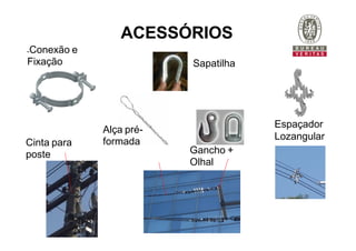 Conexão e
Fixação
Gancho +
Olhal
Cinta para
poste
Espaçador
Lozangular
Alça pré-
formada
Sapatilha
ACESSÓRIOS
 