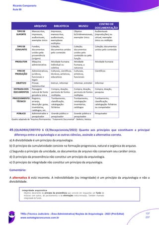 49.(QUADRIX/CREFITO 6 CE/Recepcionista/2022) Quanto aos princípios que constituem a principal
diferença entre a arquivologia e as outras ciências, assinale a alternativa correta.
a) A divisibilidade é um princípio da arquivologia.
b) O princípio da cumulatividade consiste na formação progressiva, natural e orgânica do arquivo.
c) Segundo o princípio da unicidade, os documentos de arquivo não conservam seu caráter único.
d) O princípio da proveniência não constitui um princípio da arquivologia.
e) O princípio da integridade não constitui um princípio da arquivologia.
Comentário:
A alternativa A está incorreta. A indivisibilidade (ou integridade) é um princípio da arquivologia e não a
divisibilidade.
Ricardo Campanario
Aula 00
TREs (Técnico Judiciário - Área Administrativa) Noções de Arquivologia - 2023 (Pré-Edital)
www.estrategiaconcursos.com.br
137
237
 
