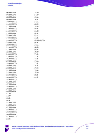 106. ERRADA 153. D
107. ERRADA 154. D
108. ERRADA 155. A
109. ERRADA 156. E
110. CORRETA 157. A
111. CORRETA 158. C
112. ERRADA 159. A
113. CORRETA 160. C
114. CORRETA 161. D
115. ERRADA 162. C
116. ERRADA 163. A
117. CORRETA 164. B
118. CORRETA 165. CORRETA
119. ERRADA 166. C
120. CORRETA 167. A
121. CORRETA 168. D
122. ERRADA 169. B
123. ERRADA 170. D
124. CORRETA 171. B
125. CORRETA 172. E
126. CORRETA 173. B
127. ERRADA 174. A
128. CORRETA 175. E
129. ERRADA 176. E
130. ERRADA 177. C
131. ERRADA 178. A
132. ERRADA 179. D
133. CORRETA 180. E
134. CORRETA 181. E
135. CORRETA
136. ERRADA
137. ERRADA
138. CORRETA
139. ERRADA
140. ERRADA
141. D
142. D
143. B
144. C
145. ERRADA
146. ERRADA
147. ERRADA
148. CORRETA
149. CORRETA
150. ERRADA
151. CORRETA
152. C
Ricardo Campanario
Aula 00
TREs (Técnico Judiciário - Área Administrativa) Noções de Arquivologia - 2023 (Pré-Edital)
www.estrategiaconcursos.com.br
233
237
 