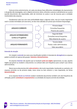 Como já vimos anteriormente, em cada uma dessas fases diferentes metodologias de arquivamento
e de gestão são empregadas, com o objetivo de tornar célere, eficiente e preciso o atendimento ao usuário
quando documentos são requisitados, além de minimizar os custos e uso de recursos para a entidade
mantenedora dos arquivos.
Estudaremos tudo isso com mais profundidade daqui a algumas aulas, mas já é muito importante
você ir criando intimidade com este tema, um dos mais cobrados em provas que envolvem Arquivologia.
Extensão de atuação
Em relação à extensão (as vezes essa classificação também é chamada de abrangência) os arquivos
podem se dividir em apenas dois grupos: Setoriais e Gerais/Centrais.
Os arquivos Setoriais são aqueles que se localizam junto aos órgãos operacionais, ou seja, aqueles
órgãos que geram ou recebem o documento e se utilizam dele com frequência para cumprir suas rotinas
administrativas.
Nesse caso os documentos têm valor primário e são muito requisitados, localizando-se, portanto, em
arquivos correntes ou de primeira idade, como vimos no item anterior e, mais importante, de forma
descentralizada.
Já os arquivos Gerais ou Centrais acabam recebendo documentos também com alta frequência de
utilização, porém centralizam o arquivamento e as atividades do arquivo corrente da entidade.
ARQUIVO CORRENTE
Primeira Idade
Consultas frequentes
Próximo do usuário
ARQUIVO INTERMEDIÁRIO
(Limbo ou Purgatório)
Segunda Idade
Consultas menos frequentes
Mais distante do usuário
ARQUIVO PERMANENTE
Terceira Idade
Perde o valor administrativo
Valor secundário
Ricardo Campanario
Aula 00
TREs (Técnico Judiciário - Área Administrativa) Noções de Arquivologia - 2023 (Pré-Edital)
www.estrategiaconcursos.com.br
29
237
 