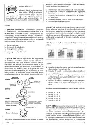 26
Solução: Gabarito C
A imagem aborda um tipo de trans-
porte passivo a difusão simples atra-
vés da membrana celular. É um pro-
cesso que ocorre da região em que as partículas estão mais
concentradas para regiões em que sua concentração é me-
nor, até que se atinja um equilíbrio nas concentrações.
Exercite...
33. (AUTORIA PRÓPRIA 2021) A membrana plasmática
é uma estrutura que reveste as células de todos os se-
res vivos. Essa estrutura é formada principalmente, por
fosfolipídeos e proteínas inseridas em uma camada dupla.
A membrana desempenha diversas funções importantes na
célula. Dentre as afirmativas abaixo, todas as funções são
desempenhadas pela membrana, exceto a de:
a. barreira seletiva.
b. transporte de substâncias.
c. interação entre células.
d. envolver o material genético.
e. responder a sinais externos.
34. (ENEM 2017) Visando explicar uma das propriedades
da membrana plasmática, fusionou-se uma célula de ca-
mundongo com uma célula humana, formando uma cé-
lula híbrida. Em seguida, com o intuito de marcar as pro-
teínas de membrana, dois anticorpos foram inseridos no
experimento, um específico para as proteínas de mem-
brana do camundongo e outro para as proteínas de mem-
brana humana. Os anticorpos foram visualizados ao mi-
croscópio por meio de fluorescência de cores diferentes.
A mudança observada da etapa 3 para a etapa 4 do experi-
mento ocorre porque as proteínas
a. movimentam-selivrementenoplanodabicamadalipídica.
b. permanecem confinadas em determinadas regiões da
bicamada.
c. auxiliam o deslocamento dos fosfolipídios da membra-
na plasmática.
d. são mobilizadas em razão da inserção de anticorpos.
e. são bloqueadas pelos anticorpos.
35. (UPE/SSA 2020) A membrana plasmática é constituí-
da por lipídeos e proteínas. As proteínas são responsáveis
por constituir sua porção sólida, podendo ser imersas ou
associadas diretamente à bicamada lipídica. Cada tipo de
membrana apresenta diferentes proteínas em sua consti-
tuição, uma vez que cada proteína tem variadas funções
no organismo.
Estabeleça a associação entre o modelo da proteína e sua
função.
FUNÇÃO
A Proteína de reconhecimento - permite uma célula reco-
nhecer outra e interagir com ela.
B Proteína de adesão - permite que as células se adiram
umas às outras.
C Proteína carregadora - interage especificamente com
certas moléculas e íons, carregando-os através da mem-
brana plasmática.
D Proteína receptora – permite a ligação com certas mo-
léculas sinalizadoras, desencadeando processos celu-
lares.
Assinale a alternativa que apresenta as associações CORRETAS.
a. I D, II C, III A, IV B
b. I D, II A, III B, IV C
c. I C, II B, III A, IV D
d. I C, II B, III D, IV A
e. I A, II D, III B, IV C
36.(IFPE 2018.2) Uma característica marcante da membrana
plasmáticadascélulasépossuirumapermeabilidadeseletiva,
ou seja, selecionar as substâncias que entram e saem da cé-
lula. Muitas substâncias passam através da membrana, bus-
cando um equilíbrio nas concentrações internas e externas à
célula, contudo, devido a uma necessidade da própria célu-
la, algumas substâncias são bombeadas para dentro ou para
fora dela de forma a causar desequilíbrio na concentração
 