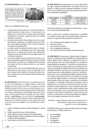 40
72. (UPE/SSA 2020) Leia o texto a seguir:
Sobre isso, é CORRETO afirmar que
a. a pele humana descama por ser constituída de dois te-
cidos firmemente unidos entre si. O mais externo é a
epiderme, e o mais interno, a derme, ambos de origem
endodérmica, formados, respectivamente, por tecidos
epitelial e conjuntivo.
b. as reações que levam à descamação ocorrem na super-
fície da pele, a epiderme, um epitélio pavimentoso sim-
ples, cuja função é proteger contra o atrito, secreção e
entrada de microorganismos.
c. as células basais da epiderme estão sempre se dividin-
do para formar os melanócitos que são empurrados
para cima, e, à medida que morrem, vão originando o
estrato córneo, camada externa que protege a pele, rica
em fibrina e melanina.
d. os raios UV atingem a pele e penetram em todas as cé-
lulas, alcançando a parte do DNA que controla a divisão
celular delas. Isso estimula a multiplicação desenfreada
das células da derme, embora diminua o seu número
na epiderme.
e. muitas células morrem de desidratação por causa da
exposição aos raios solares. Assim, é acelerado o pro-
cesso natural de formação da camada de células mor-
tas, o estrato córneo, que descama abrindo espaço para
novas células.
73. (IFPE 2018.1) A hérnia de disco é uma lesão que ocor-
re com mais frequência na região lombar, sendo mais
atingidos os discos que ficam entre a quarta e a quinta
vértebra lombar (L4/L5) e entre a quinta vértebra e o sa-
cro (L5/S1). Dentre os sintomas dessa doença estão dores
nas costas e alterações de sensibilidade para coxa, perna
e pé. O disco intervertebral é formado por dois compo-
nentes: o anel fibroso e, no seu interior, o núcleo pulpo-
so. Este último é constituído por fibras soltas que ficam
suspensas num líquido viçoso rico em ácido hialurônico
e com um pouco de colágeno. Já o anel fibroso é consti-
tuído por
a. tecido cartilaginoso fibroso (fibrocartilagem) e tecido
ósseo.
b. tecido conjuntivo frouxo e tecido adiposo.
c. tecido adiposo e tecido reticular (hematopoiético).
d. tecido conjuntivo denso modelado e tecido cartilagino-
so fibroso (fibrocartilagem).
e. tecido ósseo e tecido conjuntivo frouxo.
74. (IFPE 2019.2) Na preparação para uma cirurgia, Maria
fez alguns exames pré-operatórios. Ao avaliar um de seus
exames, o médico observou algumas alterações no hemo-
grama. Os resultados do exame estão apresentados de for-
ma simplificada no QUADRO 1.
Valores de referência do hemograma. Disponível em: . Aces-
so em: 06 maio 2019 (adaptado).
Após a análise dos resultados apresentados no QUADRO
1, o médico concluiu que seria prudente adiar temporaria-
mente a cirurgia, pois Maria poderia ter problemas
a. com o transporte de oxigênio no sangue.
b. de anemia severa.
c. com a baixa imunidade.
d. com a coagulação sanguínea.
e. com anemia e baixa imunidade simultaneamente.
75. (IFPE 2020.1) Os americanos William Kaelin e Gregg Se-
menza e o britânico Sir Peter Ratcliffe são os ganhadores do
Prêmio Nobel 2019 de Medicina. A pesquisa dos três en-
volve entender como as células detectam e se adaptam à
disponibilidade de oxigênio. A importância da pesquisa de-
ve-se ao fato de que as células precisam ser capazes de per-
ceber a quantidade de oxigênio disponível para adaptar sua
atividade metabólica. Isso acontece, por exemplo, quando o
corpo humano vai a altas altitudes ou sofre um ferimento -
fazendo com que a quantidade de oxigênio disponível dimi-
nua. Desde o início do século 20, já era sabido que a queda
nos níveis de oxigênio levava a um aumento na produção de
determinadas células do sangue, envolvidas no transporte
do oxigênio. A novidade da pesquisa foi entender como o
oxigênio, em si, controlava esse processo de criar mais des-
se tipo de células sanguíneas. Como resultados dessa des-
coberta, novos medicamentos estão sendo testados para
tratar anemias graves, assim como estão sendo promovidas
pesquisas sobre futuros tratamentos contra tumores que
crescem em ambientes com baixa quantidade de oxigênio,
como os de cabeça e pescoço e de colo de útero.
PINHEIRO, L. Nobel de Medicina 2019 vai para William Kaelin, Sir
Peter Ratcliffe e Gregg Semenza. Disponível em: .
Acesso em: 22 out. 2019 (adaptado).
É CORRETO afirmar que as determinadas células do sangue,
mencionadas no TEXTO, referem-se
a. aos macrófagos.
b. aos neutrófilos.
c. às hemácias.
d. às plaquetas.
e. aos linfócitos T.
 