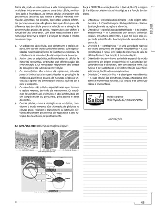 BIOLOGIA
43
Sobre ela, pode-se entender que a vida dos organismos plu-
ricelulares inicia-se com, apenas, uma única célula, a célula-
-ovo, após a fecundação. As demais células se originam dela
pela divisão celular do tipo mitose e terão as mesmas infor-
mações genéticas; no entanto, exercerão funções diferen-
tes por causa da expressão gênica. Isso quer dizer que cada
diferente tipo de célula possui a inibição ou a ativação de
determinados grupos de genes, responsáveis por definir a
função de cada uma delas. Com base nisso, assinale a alter-
nativa que descreve a origem e a função de células e tecidos
no nosso corpo.
a. Os adipócitos são células, que constituem o tecido adi-
poso, um tipo de tecido conjuntivo denso. São especia-
lizadas no armazenamento de substâncias lipídicas, de
colesterol e na manutenção da temperatura do corpo.
b. Assim como os adipócitos, os fibroblastos são células de
natureza conjuntiva, originadas por diferenciação dos
linfócitos tipo B. Os fibroblastos respondem pela síntese
de colágeno e da substância intercelular.
c. Os melanócitos são células da epiderme, situadas
junto à lâmina basal e especializadas na produção de
melanina, pigmento escuro, de natureza orgânica sin-
tetizada a partir do aminoácido tirosina, que dá cor à
pele e aos pelos.
d. Os neurônios são células especializadas que formam
o tecido nervoso, derivado da mesoderme. Os neurô-
nios respondem aos estímulos e são constituídos por
um corpo celular ou pericárdio, pelo axônio e pelos
dendritos.
e. Outras células, como a micróglia e os astrócitos, cons-
tituem o tecido nervoso; são chamados de gliócitos ou
células gliais; recebem e transmitem os estímulos ner-
vosos; respondem pela defesa por fagocitose e pela nu-
trição dos neurônios, respectivamente.
82. (UPE/SSA 2018) Observe as imagens a seguir:
Faça a CORRETA associação entre o tipo (A, B e C), a origem
(I, II e III) e as características histológicas e a função dos te-
cidos.
a. O tecido A – epitelial cúbico simples – é de origem ecto-
dérmica – II. Constituído por células poliédricas ciliadas.
Sua função é de secreção e absorção.
b. O tecido A – epitelial pseudoestratificado – é de origem
endodérmica – III. Constituído por células cilíndricas
ciliadas, em alturas diferentes, o que lhe dá o falso as-
pecto de estratificado. Sua função é de revestimento e
proteção.
c. O tecido B – cartilaginoso – é uma variedade especial
do tecido conjuntivo de origem mesodérmica – I. Sua
constituição é rígida, em razão da presença de sais de
cálcio e fósforo. Sua função é de sustentação.
d. O tecido B – ósseo – é uma variedade especial do tecido
conjuntivo de origem ectodérmica III. Constituído por
condroblastos e osteócitos, tem consistência firme. Sua
função é de sustentação e revestimento de superfícies
articulares, facilitando os movimentos.
e. O tecido C – muscular liso – é de origem mesodérmica
– II. Suas células são cilíndricas, longas, citoplasma com
estrias e numerosos núcleos. Sua função é de contração
rápida e involuntária.
Tecido Adiposo
https://youtu.be/CRi8wNSP2MM
ANOTAÇÕES
________________________________________________
________________________________________________
________________________________________________
________________________________________________
________________________________________________
________________________________________________
________________________________________________
________________________________________________
________________________________________________
________________________________________________
________________________________________________
________________________________________________
________________________________________________
________________________________________________
________________________________________________
________________________________________________
________________________________________________
________________________________________________
________________________________________________
________________________________________________
________________________________________________
________________________________________________
________________________________________________
 