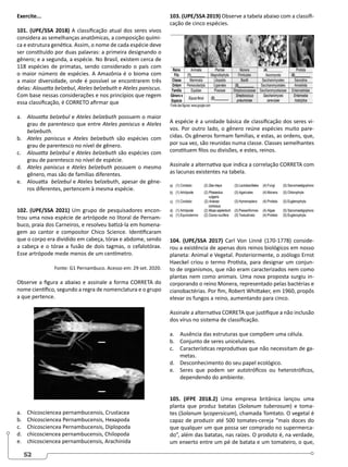 52
Exercite...
101. (UPE/SSA 2018) A classificação atual dos seres vivos
considera as semelhanças anatômicas, a composição quími-
ca e estrutura genética. Assim, o nome de cada espécie deve
ser constituído por duas palavras: a primeira designando o
gênero; e a segunda, a espécie. No Brasil, existem cerca de
118 espécies de primatas, sendo considerado o país com
o maior número de espécies. A Amazônia é o bioma com
a maior diversidade, onde é possível se encontrarem três
delas: Alouatta belzebul, Ateles belzebuth e Ateles paniscus.
Com base nessas considerações e nos princípios que regem
essa classificação, é CORRETO afirmar que
a. Alouatta belzebul e Ateles belzebuth possuem o maior
grau de parentesco que entre Ateles paniscus e Ateles
belzebuth.
b. Ateles paniscus e Ateles belzebuth são espécies com
grau de parentesco no nível de gênero.
c. Alouatta belzebul e Ateles belzebuth são espécies com
grau de parentesco no nível de espécie.
d. Ateles paniscus e Ateles belzebuth possuem o mesmo
gênero, mas são de famílias diferentes.
e. Alouatta belzebul e Ateles belzebuth, apesar de gêne-
ros diferentes, pertencem à mesma espécie.
102. (UPE/SSA 2021) Um grupo de pesquisadores encon-
trou uma nova espécie de artrópode no litoral de Pernam-
buco, praia dos Carneiros, e resolveu batizá-la em homena-
gem ao cantor e compositor Chico Science. Identificaram
que o corpo era dividido em cabeça, tórax e abdome, sendo
a cabeça e o tórax a fusão de dois tagmas, o cefalotórax.
Esse artrópode mede menos de um centímetro.
Fonte: G1 Pernambuco. Acesso em: 29 set. 2020.
Observe a figura a abaixo e assinale a forma CORRETA do
nome científico, segundo a regra de nomenclatura e o grupo
a que pertence.
a. Chicosciencea pernambucensis, Crustacea
b. Chicosciencea Pernambucensis, Hexapoda
c. Chicosciencea Pernambucensis, Diplopoda
d. chicosciencea pernambucensis, Chilopoda
e. chicosciencea pernambucensis, Arachinida
103. (UPE/SSA 2019) Observe a tabela abaixo com a classifi-
cação de cinco espécies.
A espécie é a unidade básica de classificação dos seres vi-
vos. Por outro lado, o gênero reúne espécies muito pare-
cidas. Os gêneros formam famílias, e estas, as ordens, que,
por sua vez, são reunidas numa classe. Classes semelhantes
constituem filos ou divisões, e estes, reinos.
Assinale a alternativa que indica a correlação CORRETA com
as lacunas existentes na tabela.
104. (UPE/SSA 2017) Carl Von Linné (170-1778) conside-
rou a existência de apenas dois reinos biológicos em nosso
planeta: Animal e Vegetal. Posteriormente, o zoólogo Ernst
Haeckel criou o termo Protista, para designar um conjun-
to de organismos, que não eram caracterizados nem como
plantas nem como animais. Uma nova proposta surgiu in-
corporando o reino Monera, representado pelas bactérias e
cianobactérias. Por fim, Robert Whittaker, em 1960, propôs
elevar os fungos a reino, aumentando para cinco.
Assinale a alternativa CORRETA que justifique a não inclusão
dos vírus no sistema de classificação.
a. Ausência das estruturas que compõem uma célula.
b. Conjunto de seres unicelulares.
c. Características reprodutivas que não necessitam de ga-
metas.
d. Desconhecimento do seu papel ecológico.
e. Seres que podem ser autotróficos ou heterotróficos,
dependendo do ambiente.
105. (IFPE 2018.2) Uma empresa britânica lançou uma
planta que produz batatas (Solanum tuberosum) e toma-
tes (Solanum lycopersicum), chamada Tomtato. O vegetal é
capaz de produzir até 500 tomates-cereja “mais doces do
que qualquer um que possa ser comprado no supermerca-
do”, além das batatas, nas raízes. O produto é, na verdade,
um enxerto entre um pé de batata e um tomateiro, o que,
 