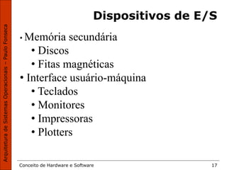 Conceito de Hardware e Software 17
Dispositivos de E/S
• Memória secundária
• Discos
• Fitas magnéticas
• Interface usuário-máquina
• Teclados
• Monitores
• Impressoras
• Plotters
 