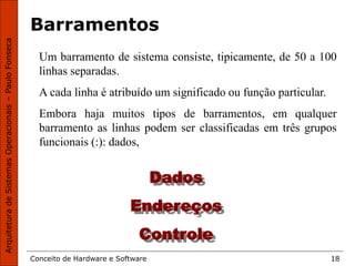 Conceito de Hardware e Software 18
Barramentos
Um barramento de sistema consiste, tipicamente, de 50 a 100
linhas separadas.
A cada linha é atribuído um significado ou função particular.
Embora haja muitos tipos de barramentos, em qualquer
barramento as linhas podem ser classificadas em três grupos
funcionais (:): dados,
Dados
Endereços
Controle
 