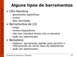 Conceito de Hardware e Software 19
Alguns tipos de barramentos
• CPU-Memória
– geralmente específicos
– curtos
– alta velocidade
• Barramentos de I/O
– longo
– muitos dispositivos
– não tem interface direta com a memória
– pode ser padronizado
• Backplane
– objetivo: barramento padrão para permitir a
interconexão de vários tipos de dispositivos
– pode ser padronizado
 