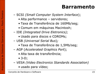 Conceito de Hardware e Software 23
Barramento
– SCSI (Small Computer System Interface);
• Alta performance – servidores;
• Taxa de Transferência de 160Mb/seg;
• Comum em máquinas Macintosh;
– IDE (Integrated Drive Eletronics);
• Usado para discos e CDROMs;
– USB (Universal Serial Bus);
• Taxa de Transferência de 1,5Mb/seg;
– AGP (Accelerated Graphics Port);
• Alta taxa de transferência;
• 3-D;
– VESA (Video Electronics Standards Association)
• usado para vídeo;
 