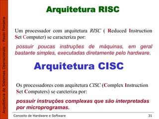 Conceito de Hardware e Software 31
Arquitetura RISC
Um processador com arquitetura RISC ( Reduced Instruction
Set Computer) se caracteriza por:
possuir poucas instruções de máquinas, em geral
bastante simples, executadas diretamente pelo hardware.
Arquitetura CISC
Os processadores com arquitetura CISC (Complex Instruction
Set Computers) se carcteriza por:
possuir instruções complexas que são interpretadas
por microprogramas.
 