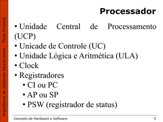 Conceito de Hardware e Software 5
Processador
• Unidade Central de Processamento
(UCP)
• Unicade de Controle (UC)
• Unidade Lógica e Aritmética (ULA)
• Clock
• Registradores
• CI ou PC
• AP ou SP
• PSW (registrador de status)
 