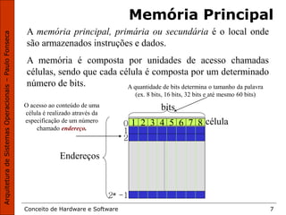 Conceito de Hardware e Software 7
1
0
2
2n -1
célula
Memória Principal
A memória principal, primária ou secundária é o local onde
são armazenados instruções e dados.
A memória é composta por unidades de acesso chamadas
células, sendo que cada célula é composta por um determinado
número de bits.
1 2 3 4 5 6 7 8
bits
A quantidade de bits determina o tamanho da palavra
(ex. 8 bits, 16 bits, 32 bits e até mesmo 60 bits)
Endereços
O acesso ao conteúdo de uma
célula é realizado através da
especificação de um número
chamado endereço.
 