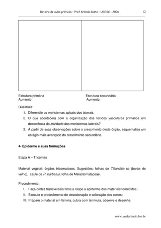 12
                Roteiro de aulas práticas – Prof Arlindo Costa – UDESC - 2006
______________________________________________________________________________




Estrutura primária                                 Estrutura secundária
Aumento:                                           Aumento:

Questões:
   1. Diferencie os meristemas apicais dos laterais.
   2. O que acontecerá com a organização dos tecidos vasculares primários em
        decorrência da atividade dos meristemas laterais?
   3. A partir de suas observações sobre o crescimento deste órgão, esquematize um
        estágio mais avançado do crescimento secundário.


4- Epiderme e suas formações


Etapa A – Tricomas


Material vegetal: órgãos tricomatosos. Sugestões: folhas de Tillandsia sp (barba de
velho), caule de P. barbatus, folha de Melastomataceae.

Procedimento:
   I.   Faça cortes transversais finos e raspe a epiderme dos materiais fornecidos;
   II. Execute o procedimento de descoloração e coloração dos cortes;
   III. Prepare o material em lâmina, cubra com lamínula, observe e desenhe.



                                                                         www.profarlindo.bio.br
 
