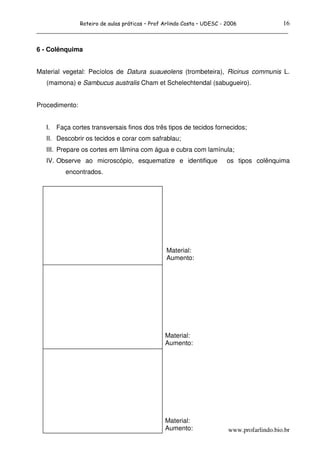 16
                Roteiro de aulas práticas – Prof Arlindo Costa – UDESC - 2006
______________________________________________________________________________

6 - Colênquima


Material vegetal: Pecíolos de Datura suaueolens (trombeteira), Ricinus communis L.
   (mamona) e Sambucus australis Cham et Schelechtendal (sabugueiro).


Procedimento:


   I.   Faça cortes transversais finos dos três tipos de tecidos fornecidos;
   II. Descobrir os tecidos e corar com safrablau;
   III. Prepare os cortes em lâmina com água e cubra com lamínula;
   IV. Observe ao microscópio, esquematize e identifique                 os tipos colênquima
           encontrados.




                                                 Material:
                                                 Aumento:




                                                 Material:
                                                 Aumento:




                                                 Material:
                                                 Aumento:                www.profarlindo.bio.br
 