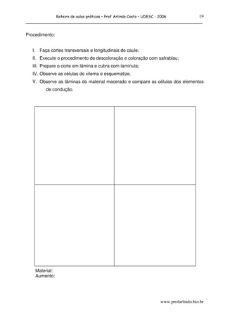 19
                    Roteiro de aulas práticas – Prof Arlindo Costa – UDESC - 2006
______________________________________________________________________________

Procedimento:


   I.    Faça cortes transversais e longitudinais do caule;
   II. Execute o procedimento de descoloração e coloração com safrablau;
   III. Prepare o corte em lâmina e cubra com lamínula;
   IV. Observe as células do xilema e esquematize.
   V. Observe as lâminas do material macerado e compare as células dos elementos
            de condução.




        Material:
        Aumento:




                                                                             www.profarlindo.bio.br
 