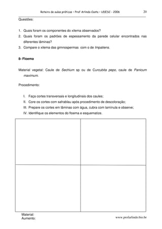 20
                Roteiro de aulas práticas – Prof Arlindo Costa – UDESC - 2006
______________________________________________________________________________
Questões:


1. Quais foram os componentes do xilema observados?
2. Quais foram os padrões de espessamento da parede celular encontrados nas
   diferentes lâminas?
3. Compare o xilema das gimnospermas com o de Impatiens.


8- Floema


Material vegetal: Caule de Sechium sp ou de Curcubita pepo, caule de Panicum
   maximum.

Procedimento:


   I.   Faça cortes transversais e longitudinais dos caules;
   II. Core os cortes com safrablau após procedimento de descoloração;
   III. Prepare os cortes em lâminas com água, cubra com lamínula e observe;
   IV. Identifique os elementos do floema e esquematize.




 Material:
 Aumento:                                                                www.profarlindo.bio.br
 
