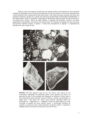 Embora o silte seja composto de partículas com formato similar ao das partículas de areia, apresenta
sensação de sedosidade ao tato. Os poros entre partículas de silte são menores (e muito mais numerosos) que
os poros presentes entre as partículas de areia, deste modo, o silte retém mais água e permite uma menor taxa
drenagem. Entretanto, quando seca, a fração silte exibe pouca pegajosidade ou plasticidade (maleabilidade). A
baixa plasticidade, coesão (viscosidade) e capacidade de adsorção que algumas frações de silte apresentam é,
em grande parte, devida a filmes de argila aderidos à superfície das partículas. Devido à sua baixa
pegajosidade e plasticidade, solos siltosos, de maneira geral, são facilmente carregados por fluxos de água,
num processo chamado “piping”. O quadro 1.1 ilustra uma conseqüência do “piping” e a importância da
distinção entre silte e argila no solo.

FIGURA 1.2 Uma pequena seção de um solo franco visto através de um
microscópio empregando luz polarizada (poros vazios aparecem em preto). As
partículas de areia e silte mostradas são irregulares em tamanho e forma, sendo o
silte representado pelas partículas menores. Embora o quartzo (q) predomine na
fração areia e silte deste solo, vários outros minerais silicatados podem ser
observados (p = plagioclásio, k = feldspato). Filmes de argila podem ser vistos
revestindo as paredes dos poros maiores (setas). A microscopia eletrônica de
varredura, em grãos de areia, mostra partículas de quartzo (abaixo à esquerda) e
feldspato (abaixo à direita) com aumento de cerca de 40 vezes.

3

 