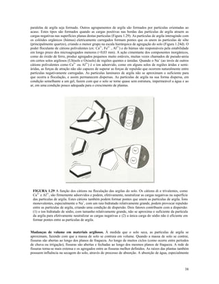 paralelas de argila seja formado. Outros agrupamentos de argila são formados por partículas orientadas ao
acaso. Estes tipos são formados quando as cargas positivas nas bordas das partículas de argila atraem as
cargas negativas nas superfícies planas destas partículas (Figura 1.29). As partículas de argila interagindo com
os colóides orgânicos (húmus) eletricamente carregados formam pontes que os unem às partículas de silte
(principalmente quartzo), criando o menor grupo na escala hierárquica de agregação do solo (Figura 1.24d). O
poder floculante de cátions polivalentes (ex: Ca2+, Fe2+ , Al3+) e do húmus são responsáveis pela estabilidade
em longo prazo dos microagregados menores (<0,03 mm). A ação cimentante dos componentes inorgânicos,
como do óxido de ferro, produz agregados pequenos muito estáveis, muitas vezes chamados de pseudo-areia
em certos solos argilosos (Ultisols e Oxisols) de regiões quentes e úmidas. Quando o Na+ (ao invés de outros
cátions polivalentes como Ca2+ ou Al3+) é o íon adsorvido, como em alguns solos de regiões áridas e semiáridas, as forças de atração não são capazes de superar as forças de repulsão que ocorrem naturalmente entre
partículas negativamente carregadas. As partículas laminares de argila não se aproximam o suficiente para
que ocorra a floculação, e assim permanecem dispersas. As partículas de argila na sua forma dispersa, em
condição semelhante a um gel, fazem com que o solo se torne quase sem estrutura, impermeável a água e ao
ar, em uma condição pouco adequada para o crescimento de plantas.

FIGURA 1.29 A função dos cátions na floculação das argilas do solo. Os cátions di e trivalentes, como
Ca2+ e Al3+, são firmemente adsorvidos e podem, efetivamente, neutralizar as cargas negativas na superfície
das partículas de argila. Estes cátions também podem formar pontes que unem as partículas de argila. Íons
monovalentes, especialmente o Na+, com um raio hidratado relativamente grande, podem provocar repulsão
entre as partículas de argila, criando uma condição de dispersão. Dois fatores contribuem com a dispersão:
(1) o íon hidratado de sódio, com tamanho relativamente grande, não se aproxima o suficiente da partícula
da argila para efetivamente neutralizar as cargas negativas e (2) a única carga do sódio não é eficiente em
formar pontes entre as partículas de argila.
Mudanças de volume em materiais argilosos. À medida que o solo seca, as partículas de argila se
aproximam, fazendo com que a massa de solo se contraia em volume. Quando a massa de solo se contrai,
fissuras são abertas ao longo dos planos de fraqueza. Ao longo de muitos ciclos (como ocorre entre períodos
de chuva ou irrigação), fissuras são abertas e fechadas ao longo dos mesmos planos de fraqueza. A rede de
fissuras torna-se mais extensa e os agregados entre as fissuras melhor definidos. As raízes das plantas também
possuem influência na secagem do solo, através do processo de absorção. A absorção de água, especialmente

38

 