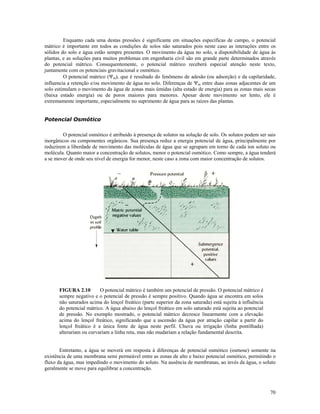 Enquanto cada uma destas pressões é significante em situações específicas de campo, o potencial
mátrico é importante em todos as condições de solos não saturados pois neste caso as interações entre os
sólidos do solo e água estão sempre presentes. O movimento da água no solo, a disponibilidade de água às
plantas, e as soluções para muitos problemas em engenharia civil são em grande parte determinados através
do potencial mátrico. Consequentemente, o potencial mátrico receberá especial atenção neste texto,
juntamente com os potenciais gravitacional e osmótico.
O potencial mátrico (Ψm), que é resultado do fenômeno de adesão (ou adsorção) e da capilaridade,
influencia a retenção e/ou movimento de água no solo. Diferenças de Ψm entre duas zonas adjacentes de um
solo estimulam o movimento da água de zonas mais úmidas (alta estado de energia) para as zonas mais secas
(baixa estado energia) ou de poros maiores para menores. Apesar deste movimento ser lento, ele é
extremamente importante, especialmente no suprimento de água para as raízes das plantas.
Potencial Osmótico
O potencial osmótico é atribuído à presença de solutos na solução de solo. Os solutos podem ser sais
inorgânicos ou componentes orgânicos. Sua presença reduz a energia potencial de água, principalmente por
reduzirem a liberdade de movimento das moléculas de água que se agrupam em torno de cada íon soluto ou
molécula. Quanto maior a concentração de solutos, menor o potencial osmótico. Como sempre, a água tenderá
a se mover de onde seu nível de energia for menor, neste caso a zona com maior concentração de solutos.

FIGURA 2.10
O potencial mátrico é também um potencial de pressão. O potencial mátrico é
sempre negativo e o potencial de pressão é sempre positivo. Quando água se encontra em solos
não saturados acima do lençol freático (parte superior da zona saturada) está sujeita à influência
do potencial mátrico. A água abaixo do lençol freático em solo saturado está sujeita ao potencial
de pressão. No exemplo mostrado, o potencial mátrico decresce linearmente com a elevação
acima do lençol freático, significando que a ascensão da água por atração capilar a partir do
lençol freático é a única fonte de água neste perfil. Chuva ou irrigação (linha pontilhada)
alterariam ou curvariam a linha reta, mas não mudariam a relação fundamental descrita.
Entretanto, a água se moverá em resposta à diferenças de potencial osmótico (osmose) somente na
existência de uma membrana semi permeável entre as zonas de alto e baixo potencial osmótico, permitindo o
fluxo da água, mas impedindo o movimento do soluto. Na ausência de membranas, ao invés da água, o soluto
geralmente se move para equilibrar a concentração.

70

 