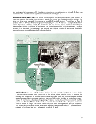 em um tempo relativamente curto. Ela é usada em conjunto com a mesa de tensão, na obtenção de dados para
construir curvas características de água no solo como mostrado na Figura 2.12.
Blocos de Resistência Elétrica – Este método utiliza pequenos blocos de gesso poroso, nylon, ou fibra de
vidro devidamente incrustadas com eletrodos. Quando os blocos são colocados em solos úmidos eles
absorvem água numa quantidade proporcional ao conteúdo de umidade do solo. A resistência ao fluxo de
elétrons entre os eletrodos decresce proporcionalmente (Figura 2.18). A precisão e a amplitude da leitura
destes dispositivos é limitada (Tabela 2.2). Entretanto, eles são de baixo custo e podem ser utilizados para
medidas aproximadas no conteúdo de umidade do solo, durante uma ou mais estações de cultivo. É possível
conectá-los a aparelhos eletrônicos para que sistemas de irrigação possam ser ativados e desativados
automaticamente a conteúdos de umidade pré estabelecidos.

FIGURA 2.14 Como uma sonda de nêutrons funciona. A sonda contendo uma fonte de nêutrons rápidos
e um detector de nêutrons lentos é colocada no solo através de um tubo de acesso. Os nêutrons são
emitidos pela fonte (rádio ou amerício-berílio) a uma velocidade muito alta (nêutrons rápidos). Quando
estes nêutrons colidem com átomo menores, tais como hidrogênios contidos na molécula de água, a
direção do movimento é alterada e eles perdem parte da sua energia. Estes nêutrons lentos são medidos
por um tubo detector. A leitura é relacionada ao conteúdo de umidade do solo. A fotografia mostra uma
sonda de nêutron no campo. Um cilindro confeccionado em metal pesado protege o operador da radiação.
Este protetor é colocado sobre o tubo de acesso de alumínio (canto inferior direito) e a fonte de nêutron é
colocada no interior do tubo para a leitura (foto cortesia de R. Weil).

78

 